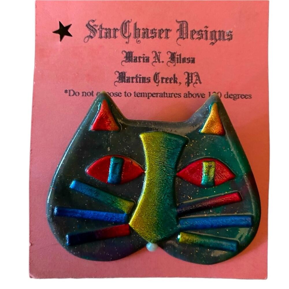 Star Chaser Design Colorful  Cat Face Pin Multicolored Fun Boho Hippie Retro